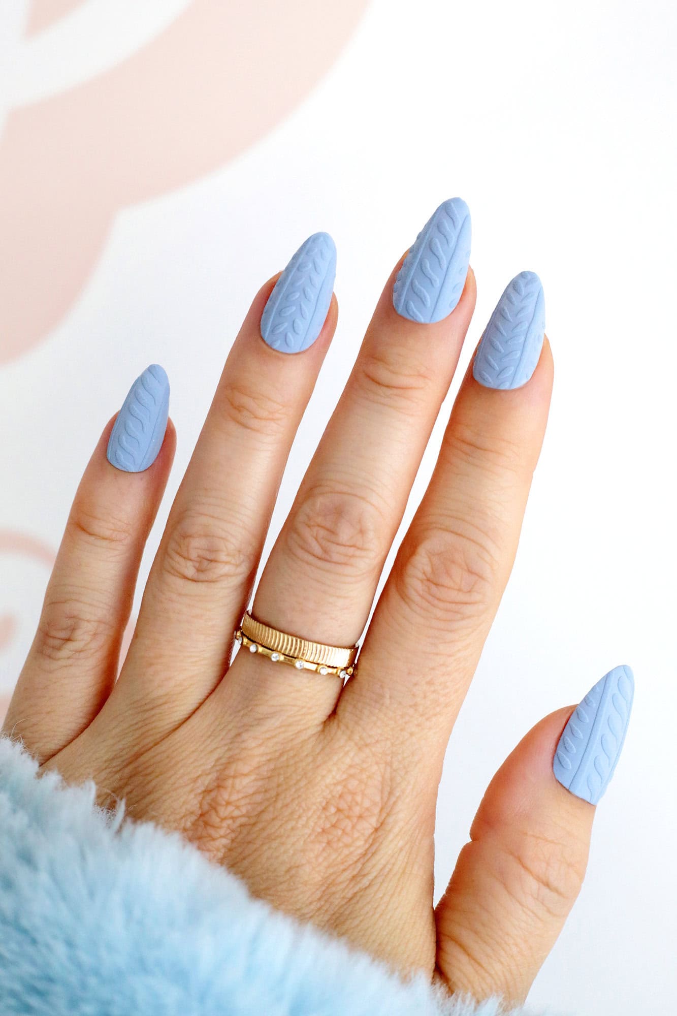 Matte Pastel Blue Cable Knit Stilettos Matte Pastel Blue Cable Knit Stilettos — Short Winter Acrylic Nails