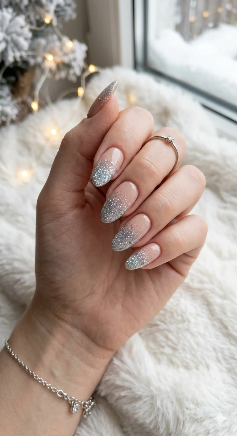 Sheer Pink Silver Glitter Gradient Almond Nails — Winter Glitter Nails