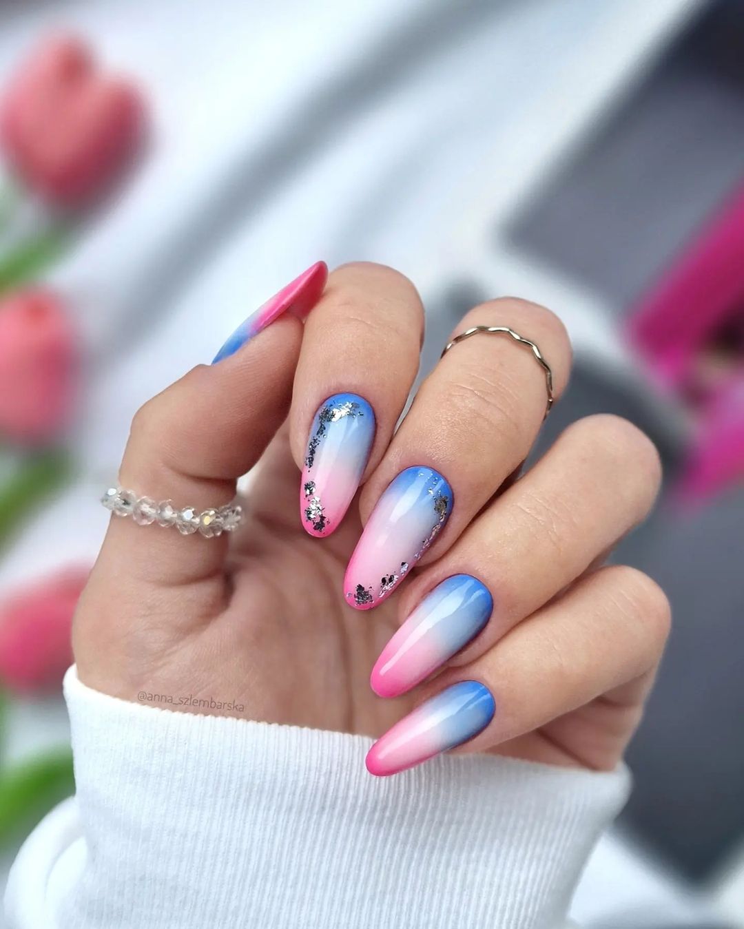 Vibrant Pink to Blue Foil Flake Ombre — Winter Ombre Nails