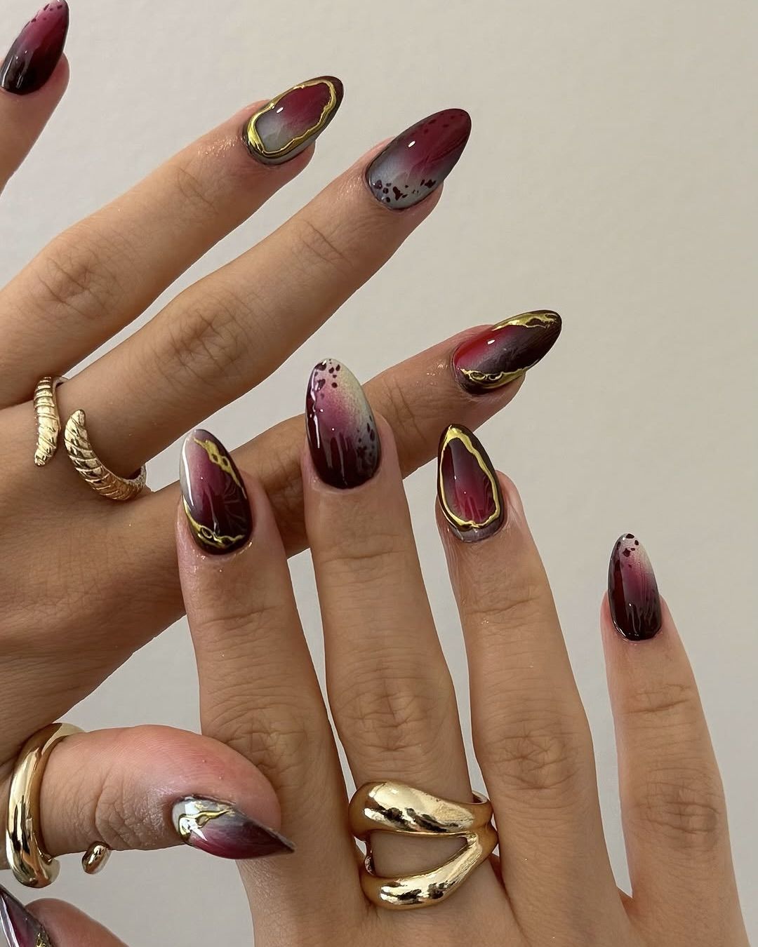 Burgundy Cream Ombre with Gold Foil — Winter Ombre Nails