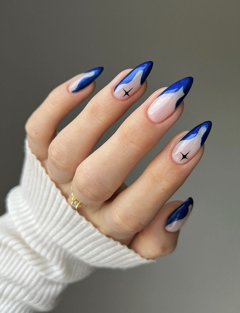 Abstract Blue Tip Design on Sheer Nude — Winter Blue Nails