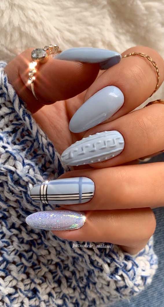 Mixed Textures: Matte Knit, Plaid, and Glitter — Winter Blue Nails