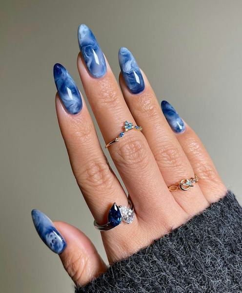 Icy Marbled Deep Blue Stiletto Nails — Winter Blue Nails