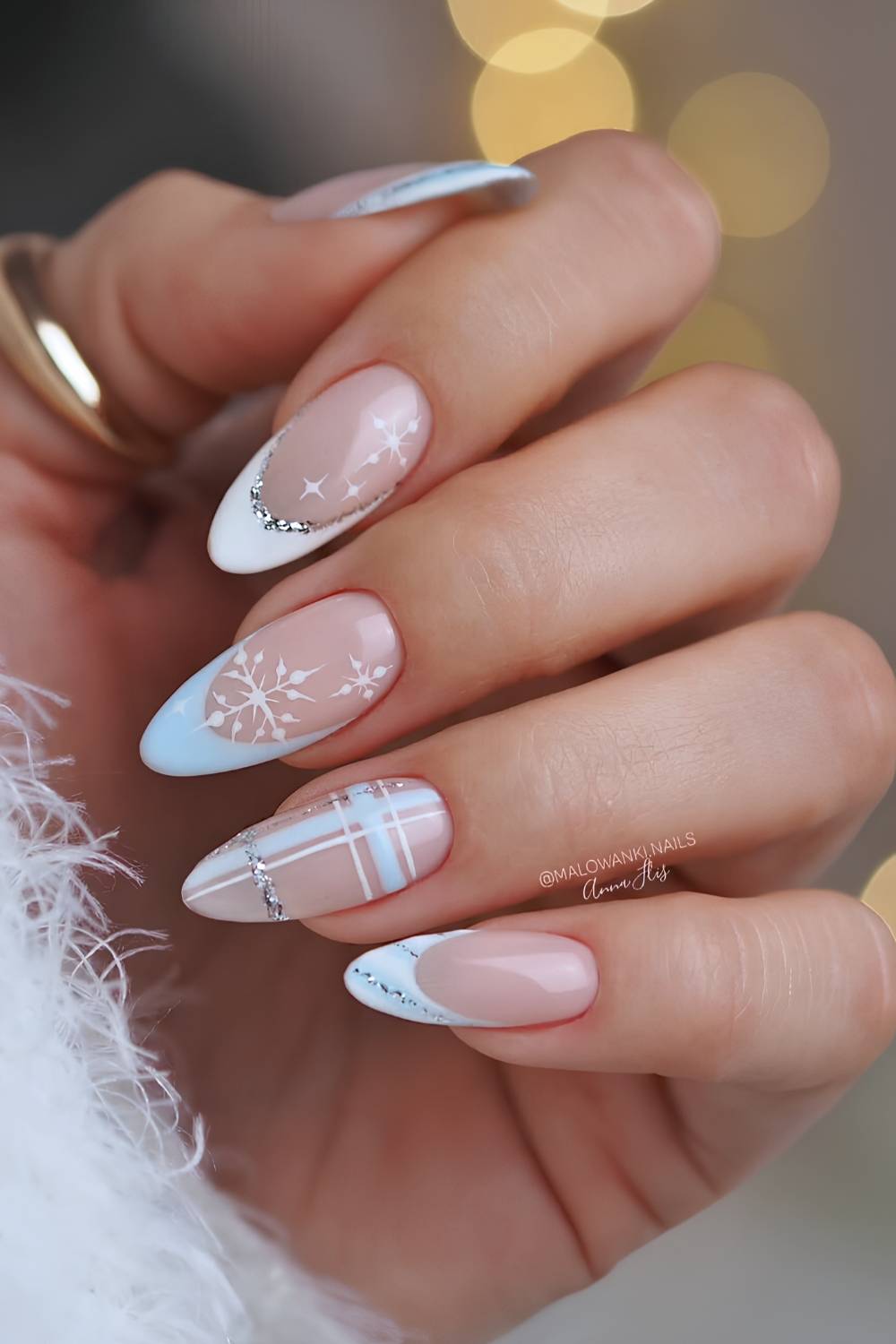 Sheer Base with Plaid, Snowflakes, and Glitter French — Winter Blue Nails