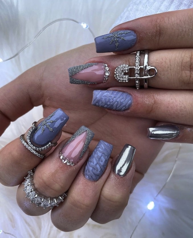 Mixed Finish Long Coffin Nails Mixed Finish Long Coffin Nails — Winter Gray Nails