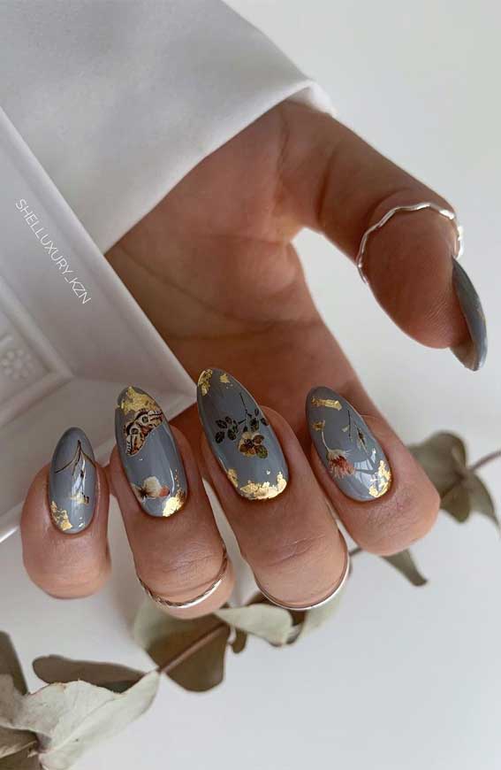 Cool Gray Gold Foil Butterfly Oval Nails Cool Gray Gold Foil Butterfly Oval Nails — Winter Gray Nails