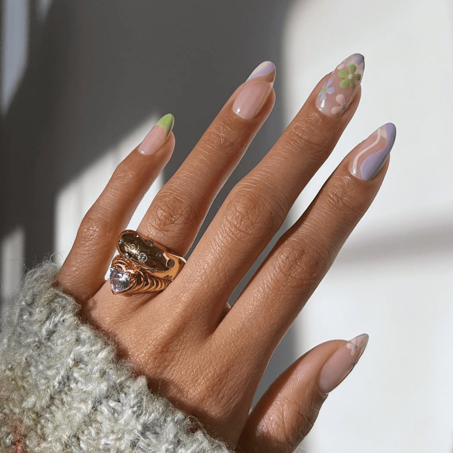 Long Almond Abstract Wavy Lines — Winter to Spring Transition Nails