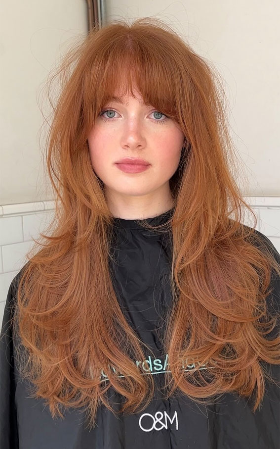 Retro Golden Copper Waves With Full Bangs Retro Golden Copper Waves With Full Bangs — Winter Haircuts with Bangs