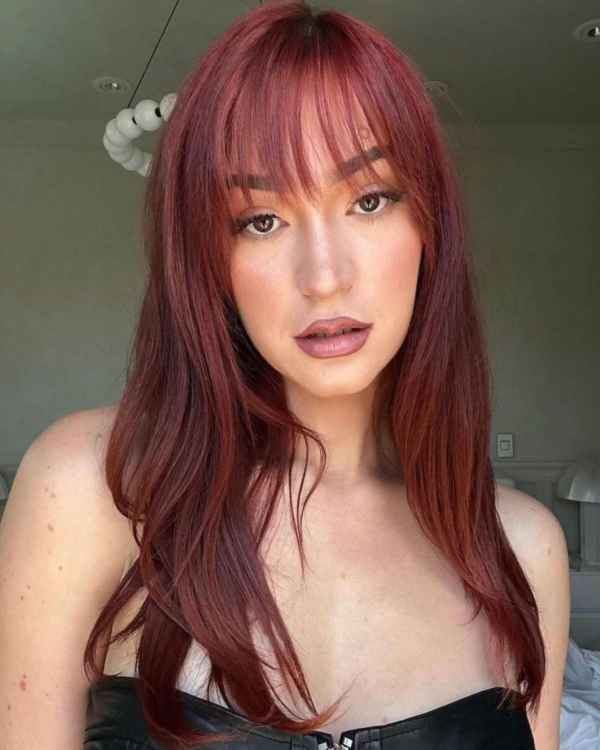 Auburn Lob With Straight Blunt Bangs Auburn Lob With Straight Blunt Bangs — Winter Haircuts with Bangs