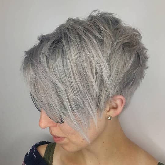Asymmetrical Ash Grey Pixie — Winter Hairstyles for Women Over 50