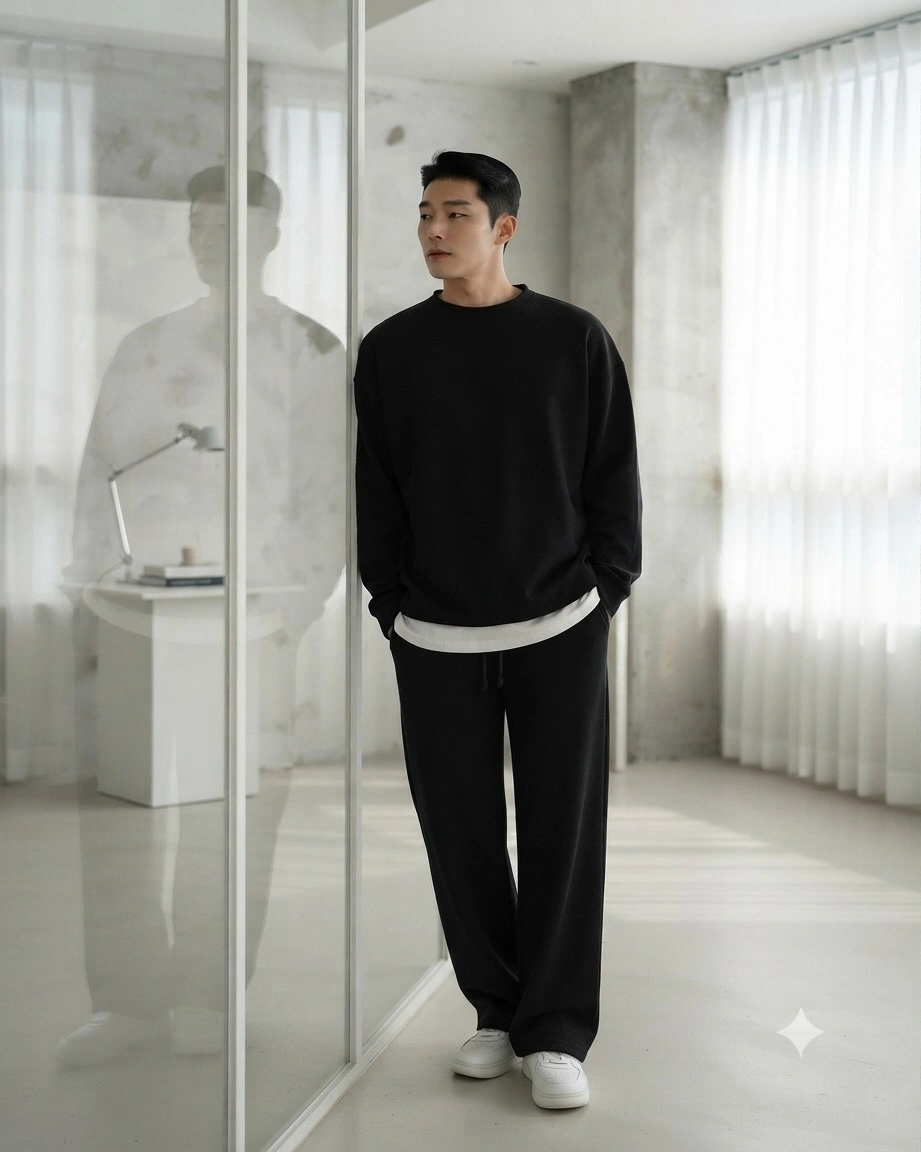 Black oversized sweatshirt and trousers with white shirt hem and sneakers
