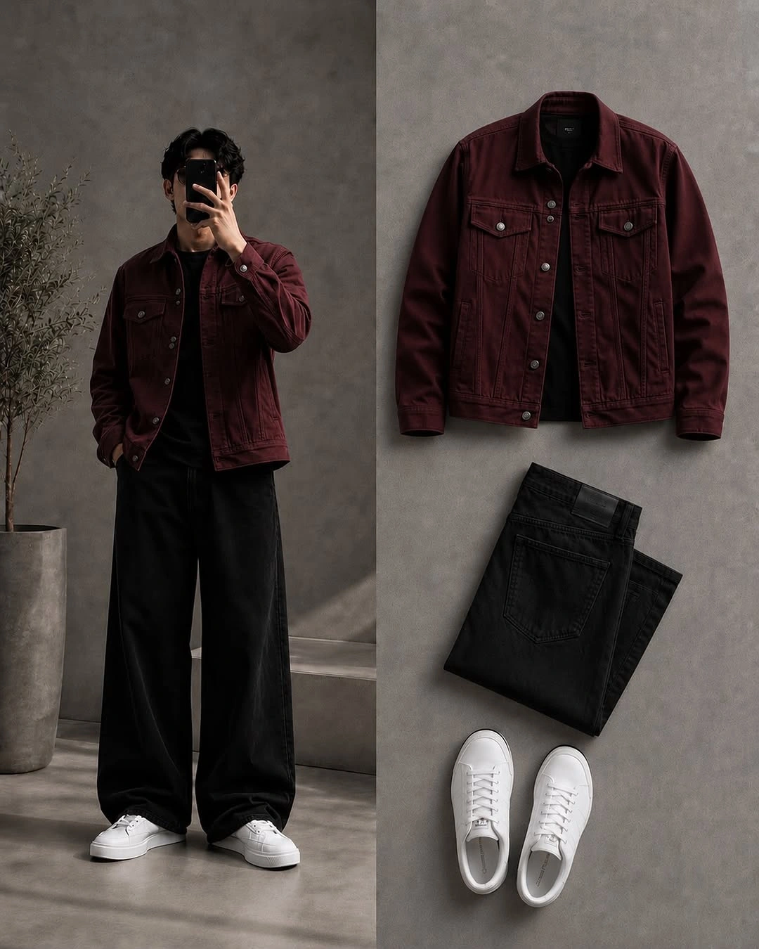 Short burgundy jacket, black wide trousers, and white sneakers