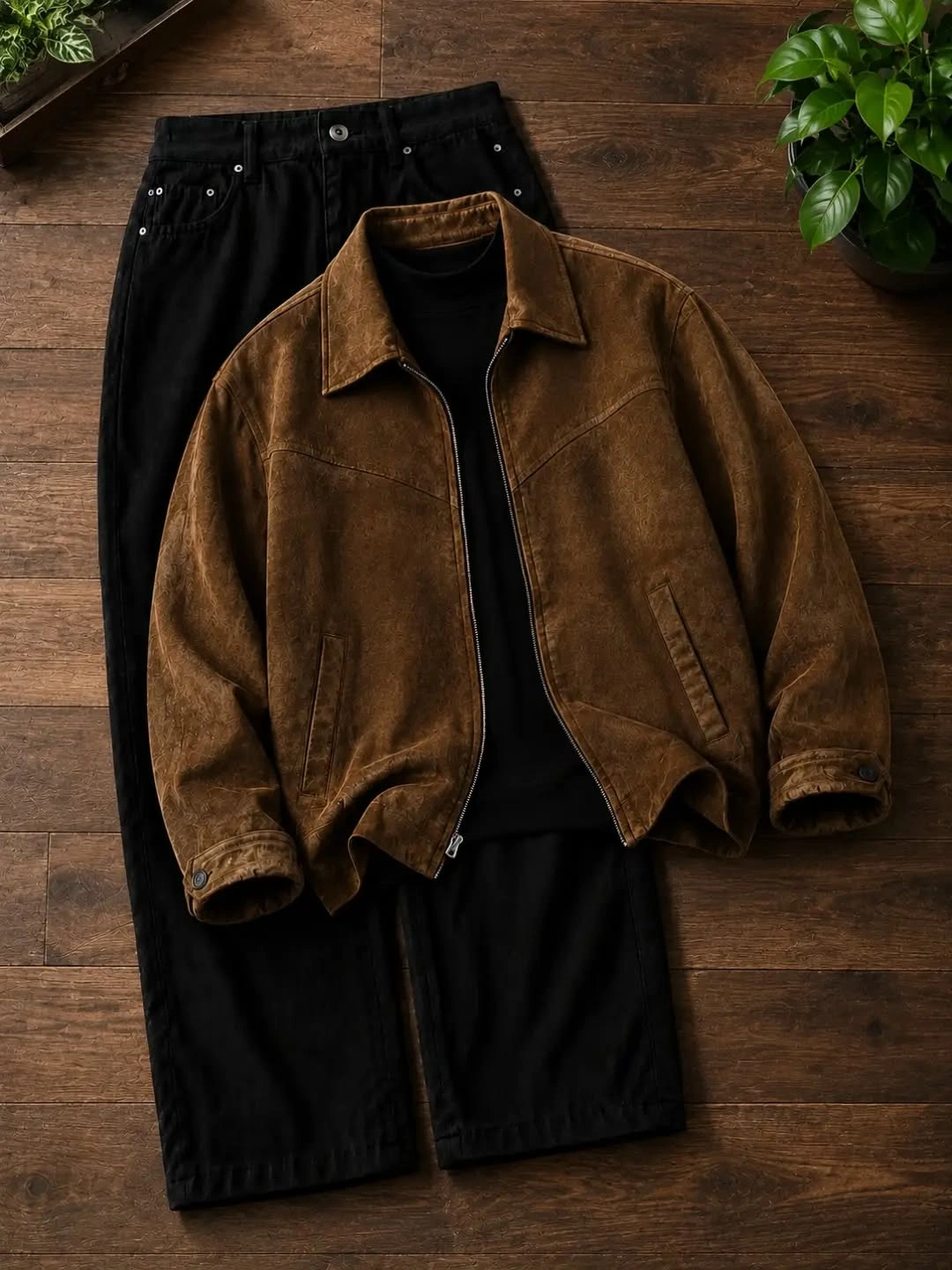 Brown textured jacket with black shirt, black pants, and white sneakers
