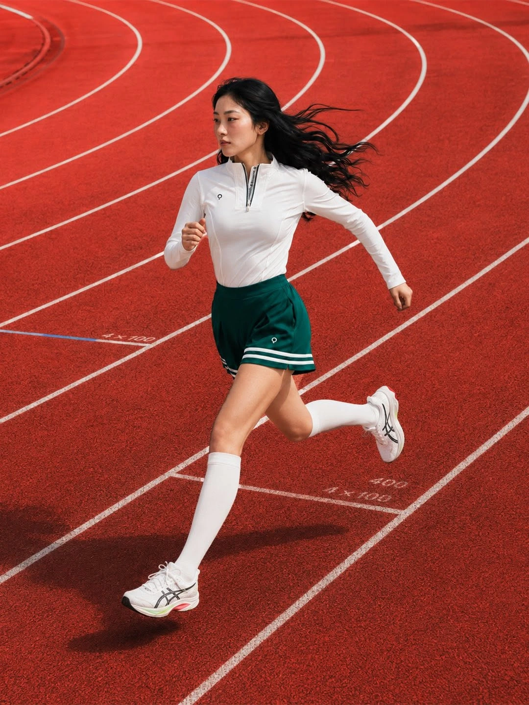 White zip top and green pleated skirt for a padel session