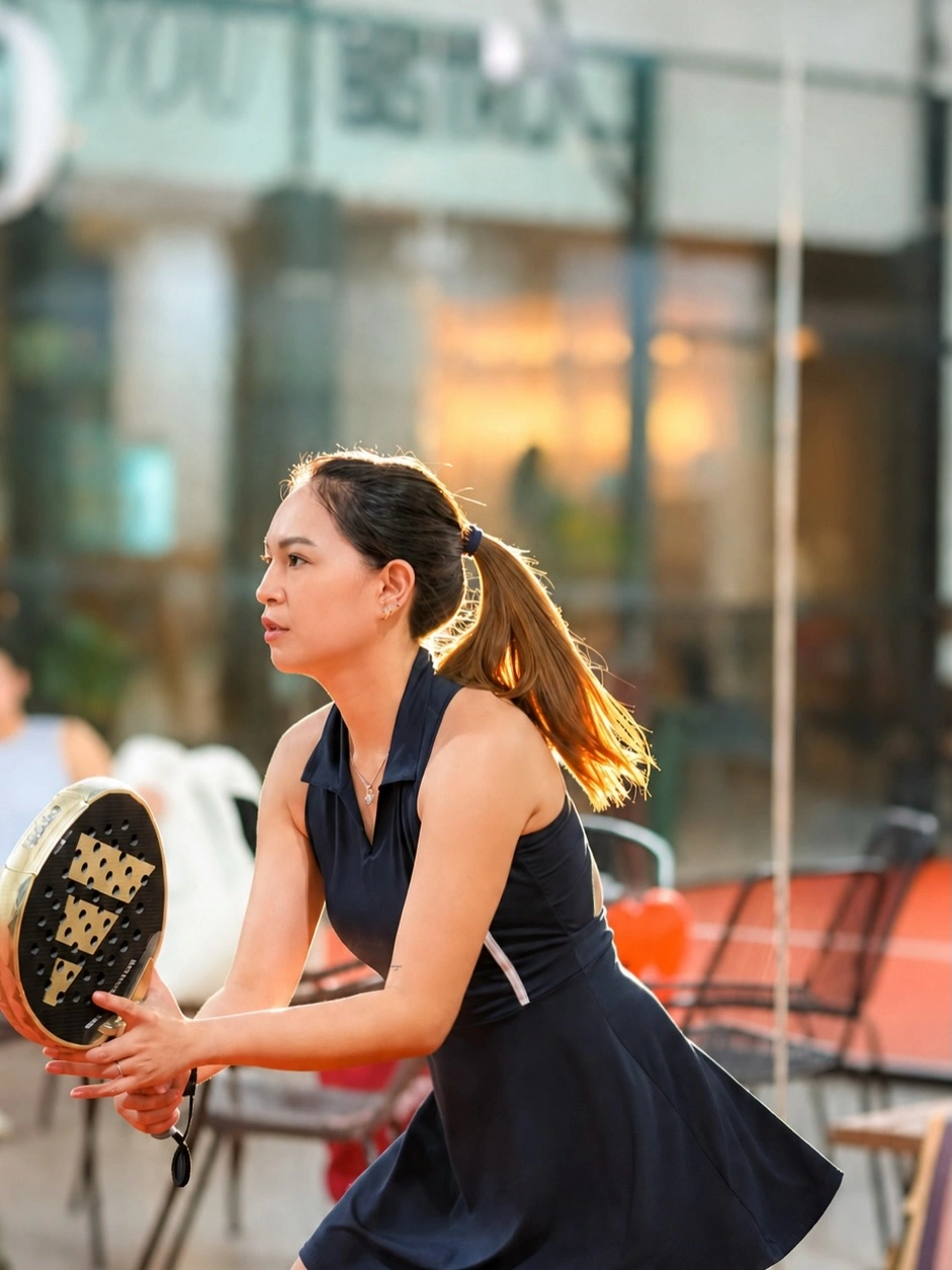 Navy sleeveless zip top and black skirt for women’s padel