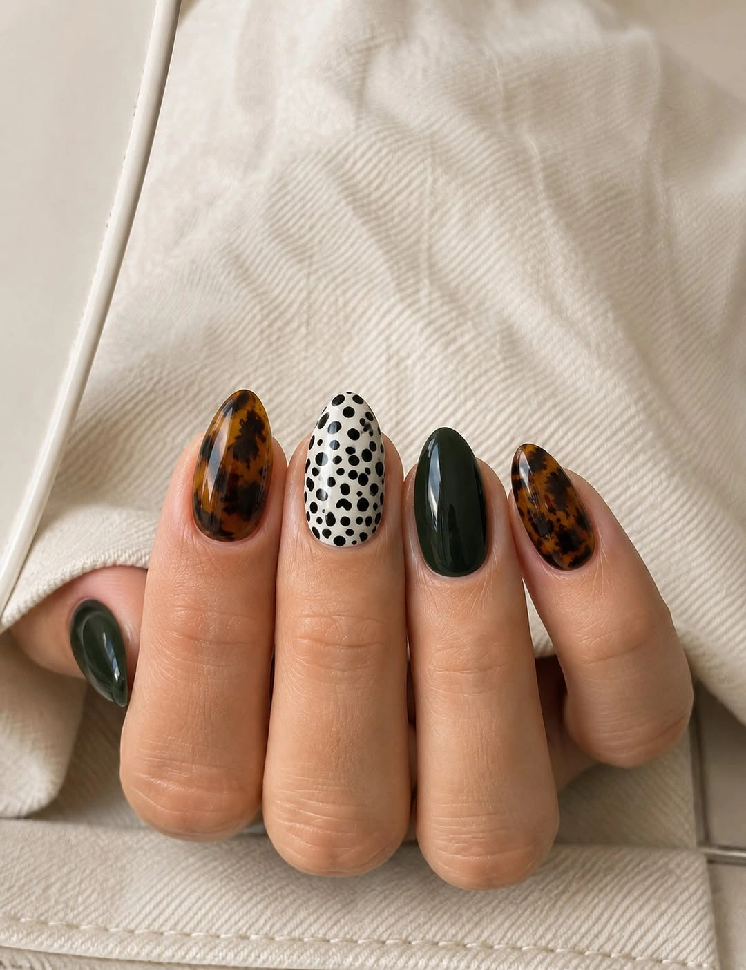 Medium almond nails with brown spots black solids and white black-dotted accent