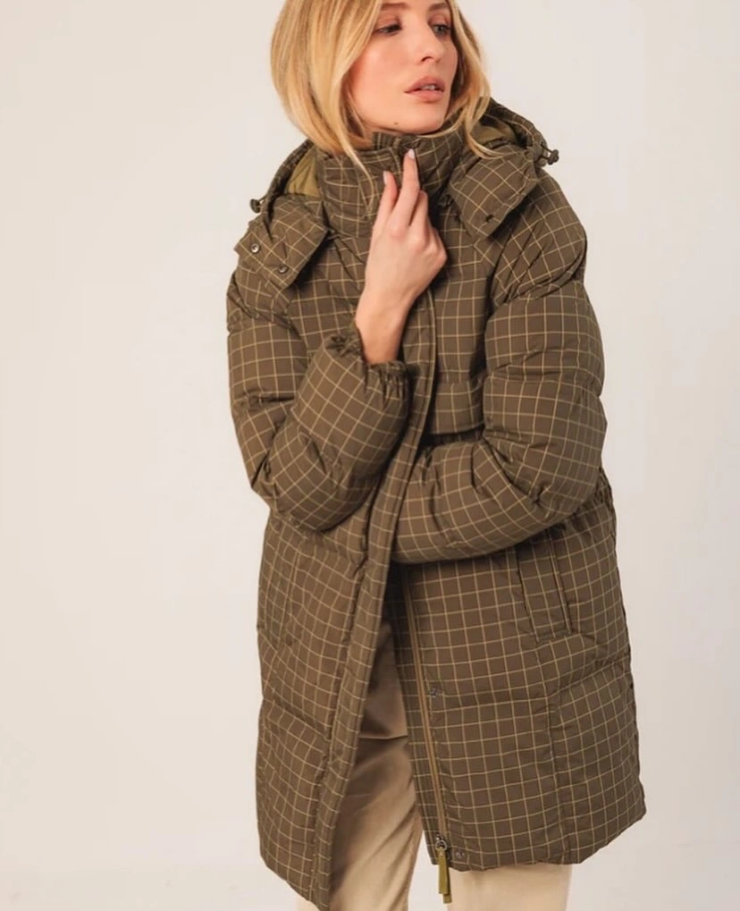 Brown grid-pattern long puffer with belt and high collar