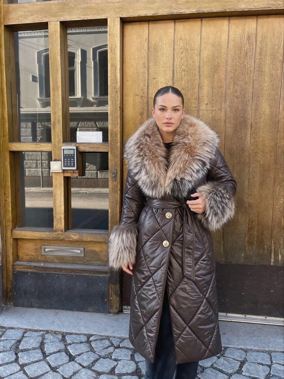 Dark brown belted quilted coat with large fur-looking collar and cuffs