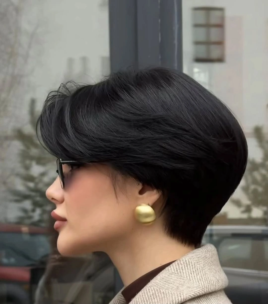 Short black pixie-bob profile with long sweeping top
