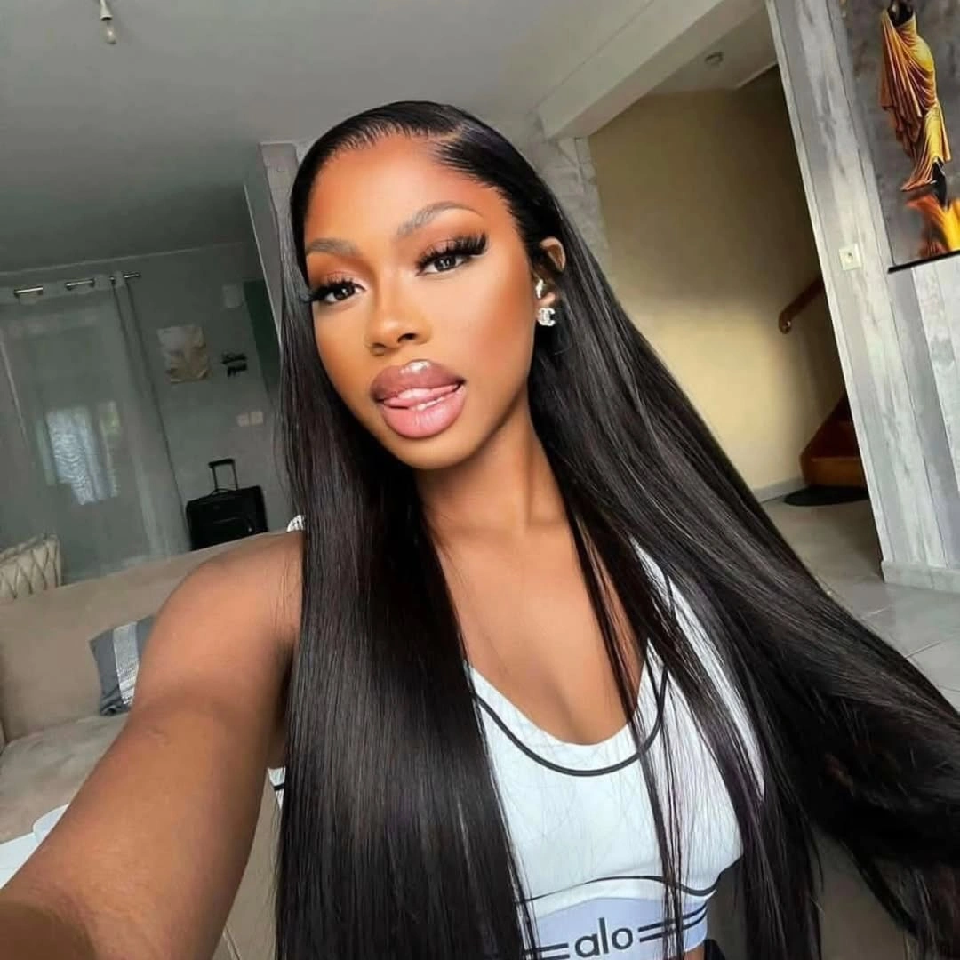 Very long straight black hair with smooth center part