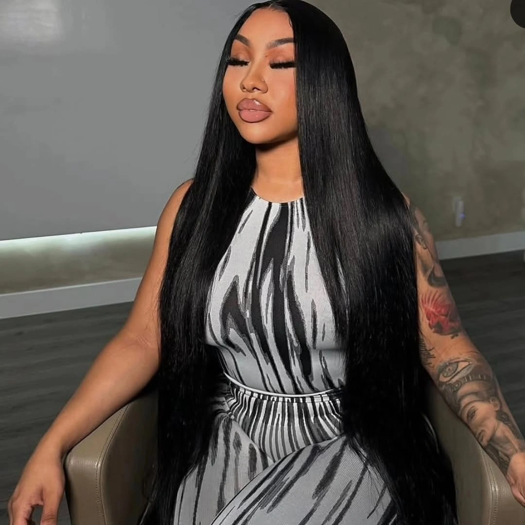 Extra-long straight black hair with clean center part