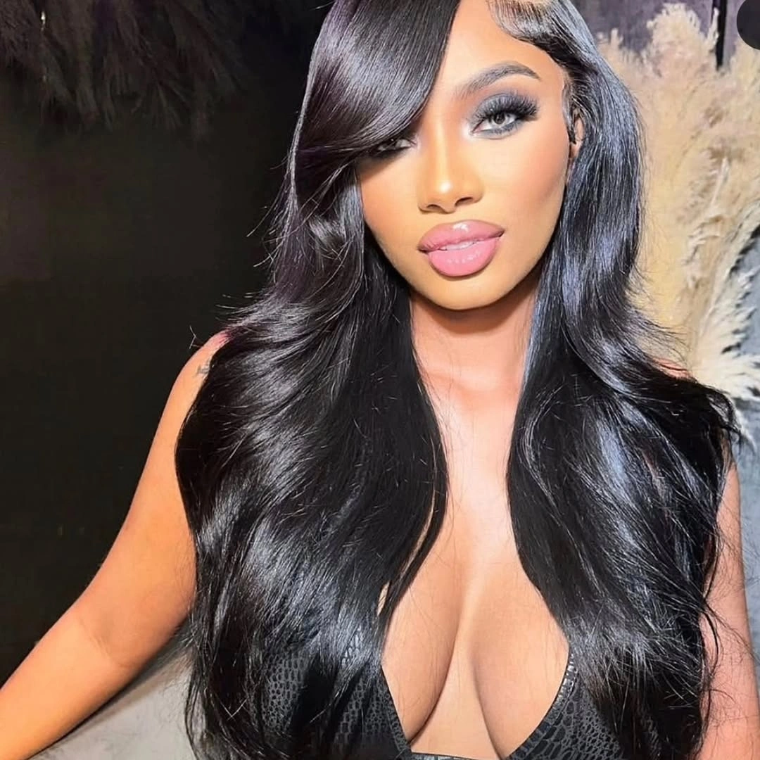 Long glossy black waves with deep side-swept front