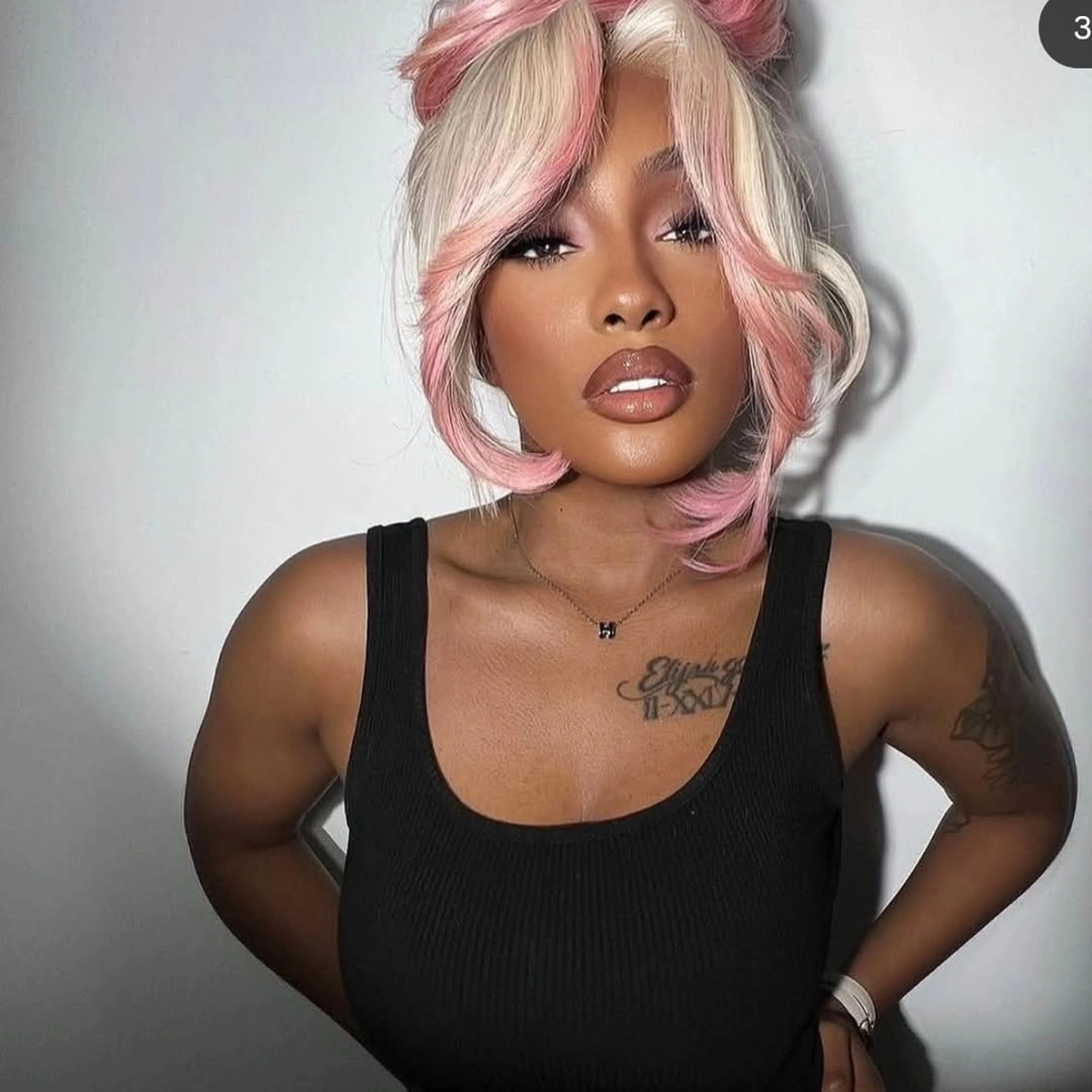 Pink and blonde face-framing pieces with gathered top