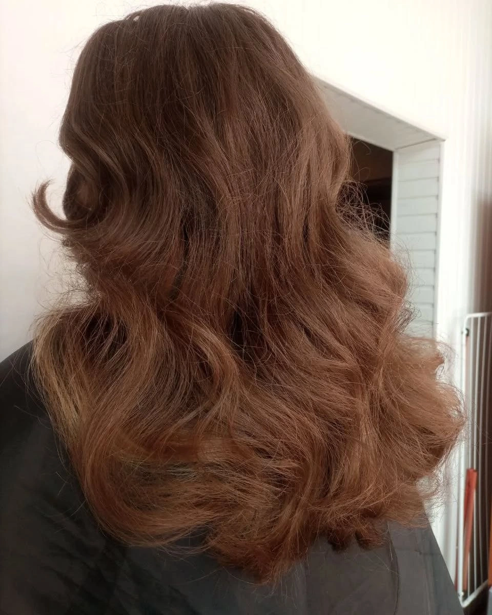 Back view of long auburn brown wavy hair