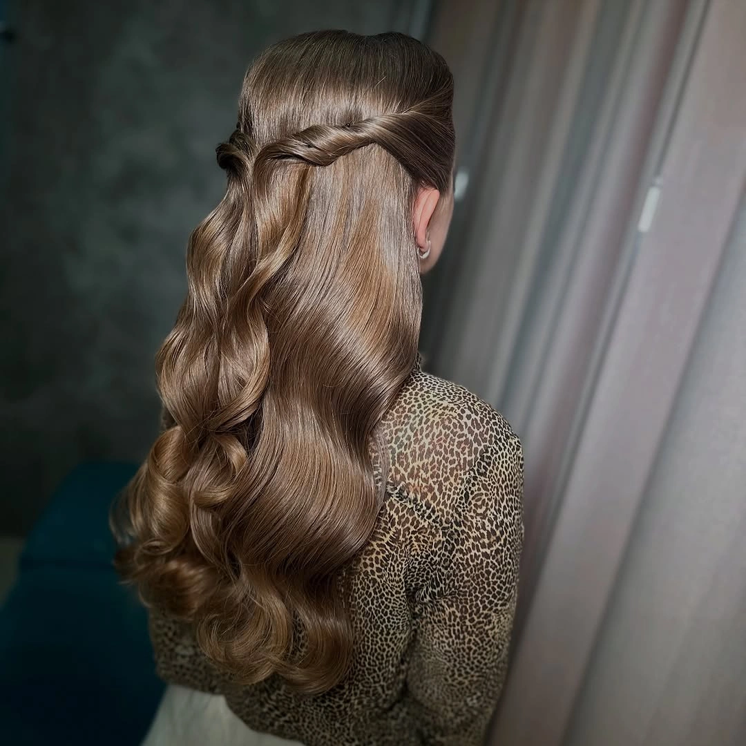 Long light-brown half-up waves with crown detail