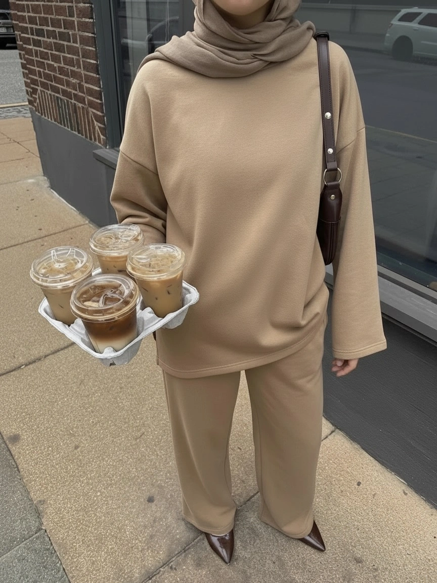 Beige matching set with taupe scarf and pointed shoes