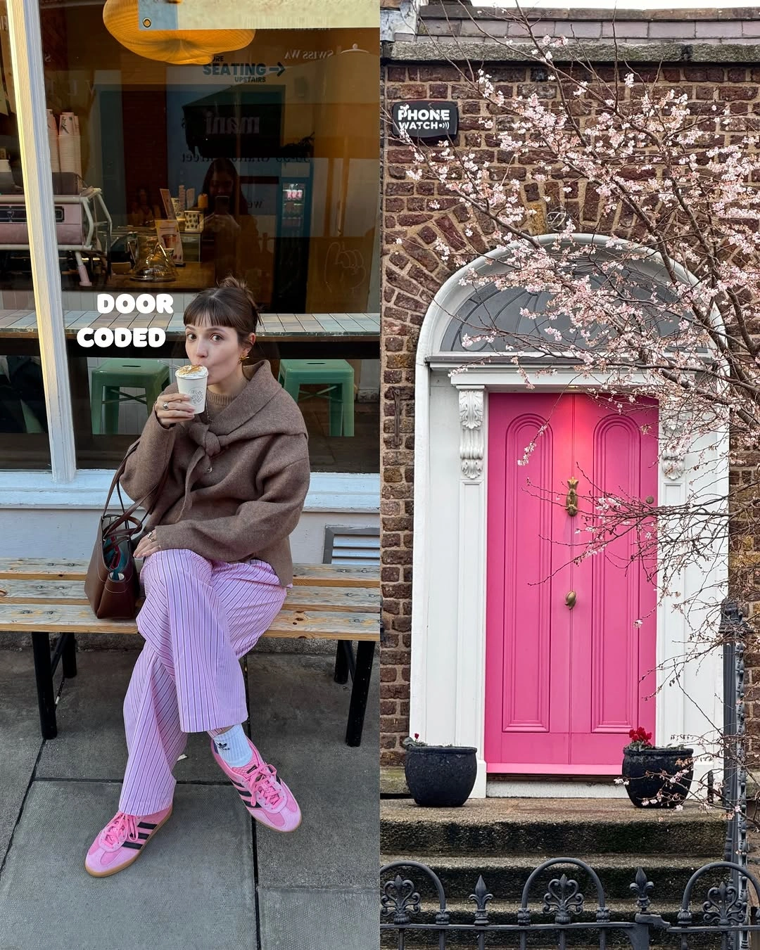 Brown jacket with pink striped pants and bright sneakers