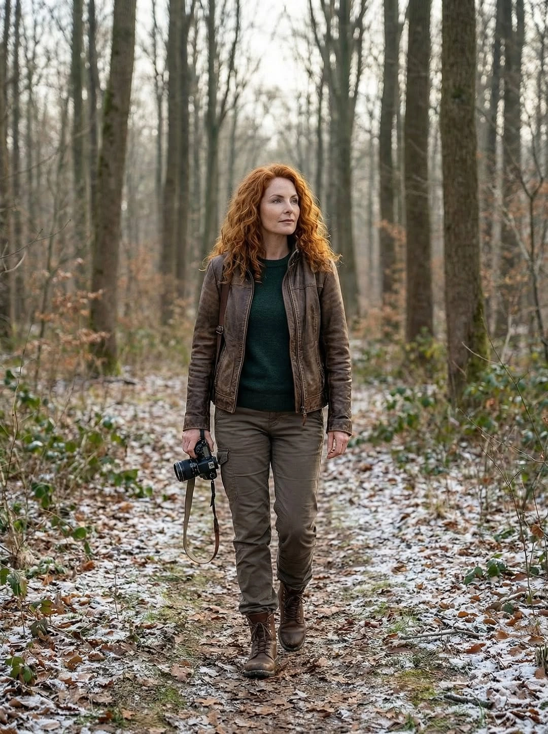 Brown jacket, green sweater, taupe trousers and lace-up boots