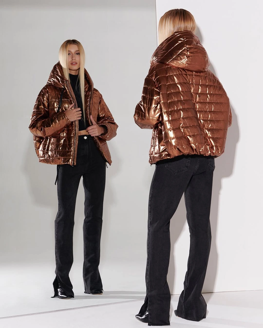 Reflective brown puffer over black top and flared trousers