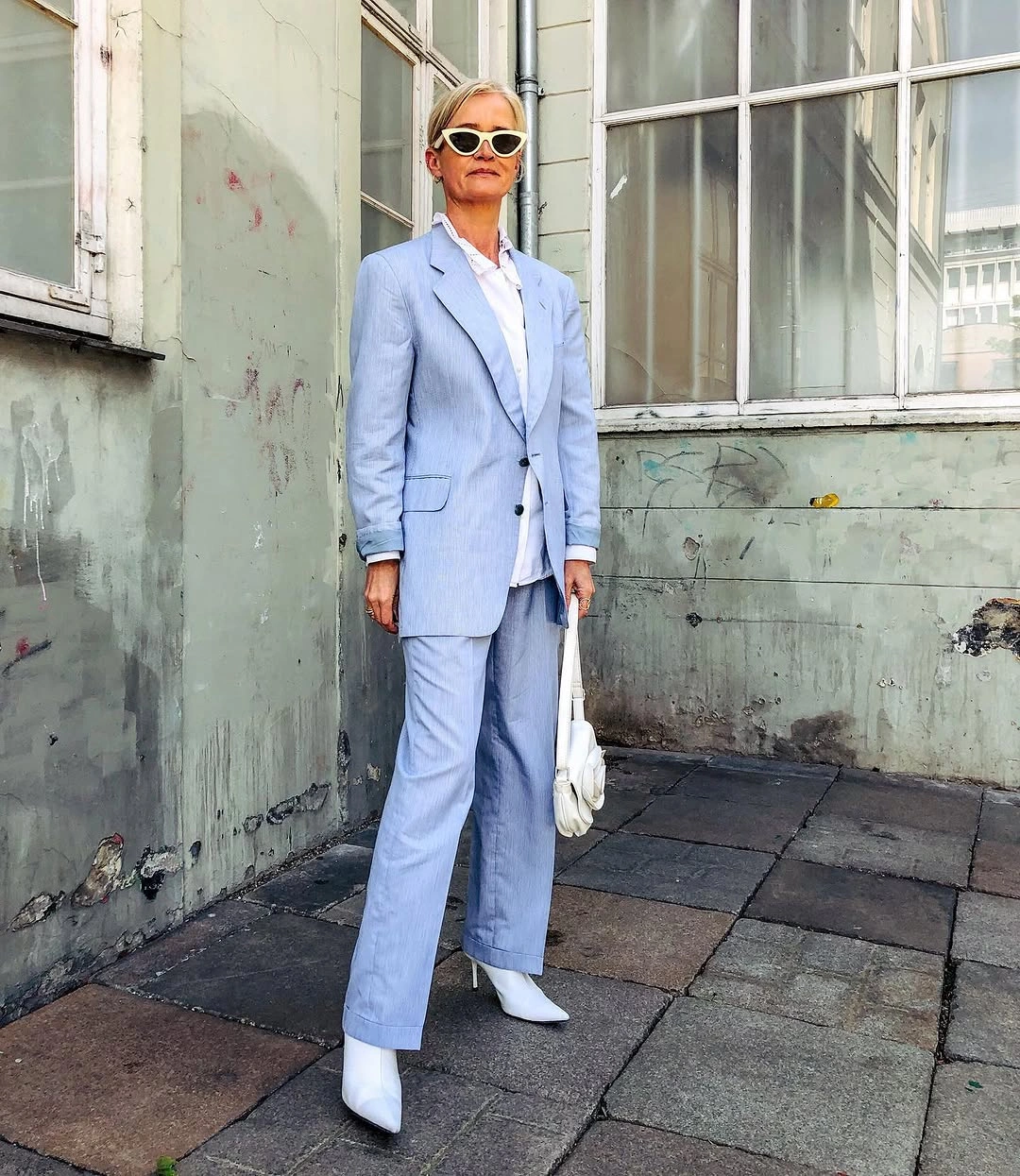 Light blue blazer trousers and white boots outfit