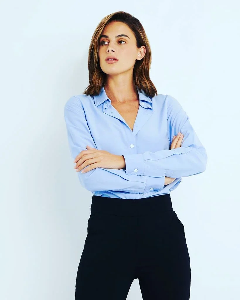 Pale blue button shirt and black trousers outfit