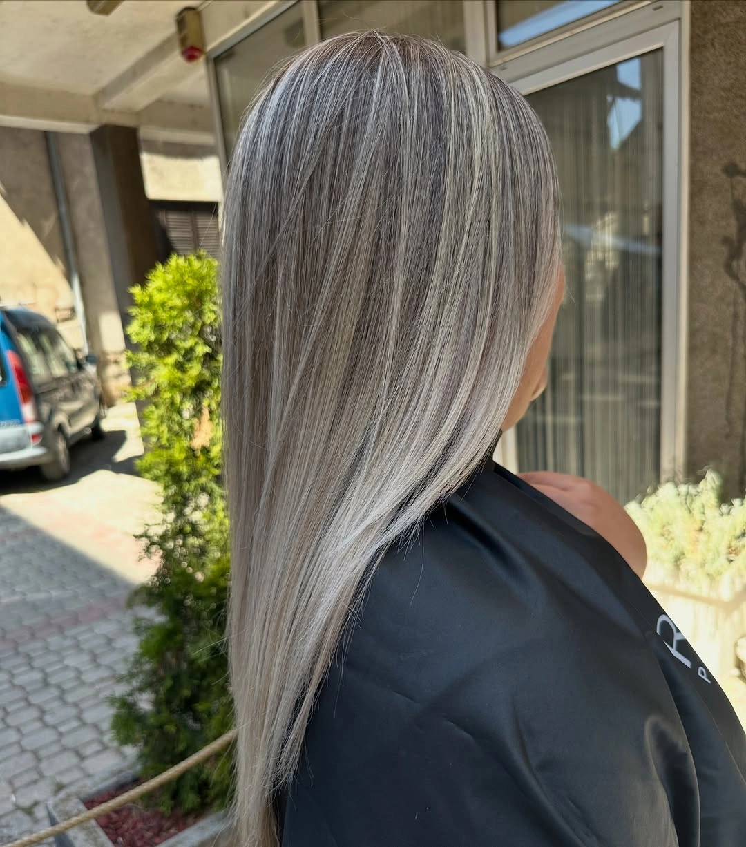Long straight silver ash hair with fine gray strands