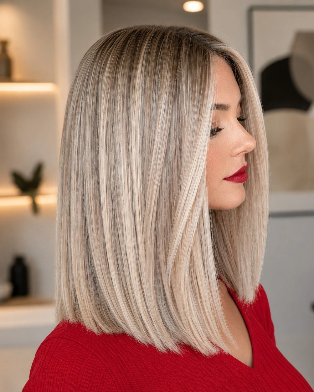 Creamy blonde smooth lob with muted beige root