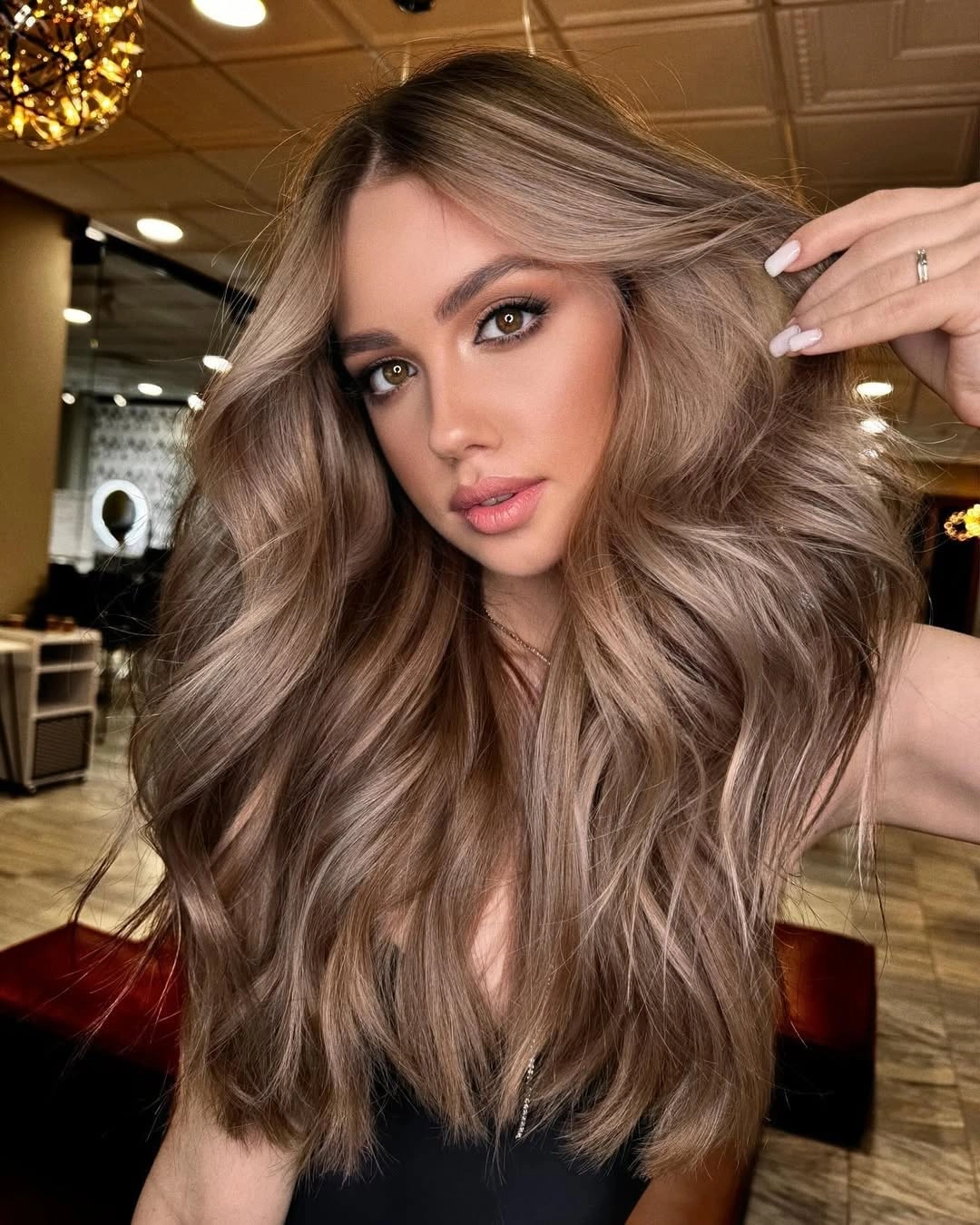 Long smoky ash beige waves with airy volume