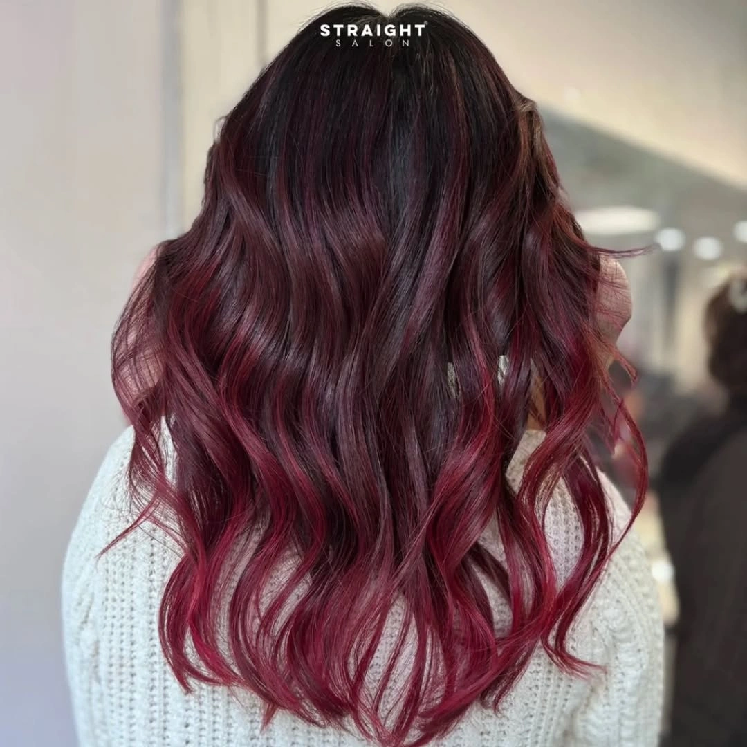 Long dark waves with wine red burgundy ribbons