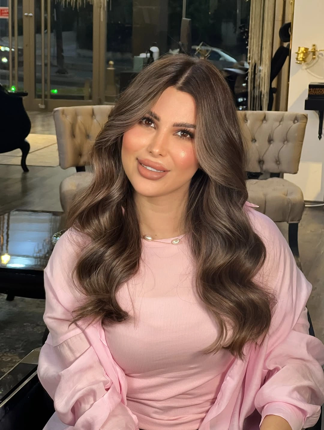 Smoky brown waves with soft ash beige face framing