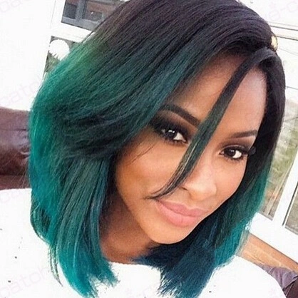 Shoulder-length bob with dark crown and teal-green midlengths and ends