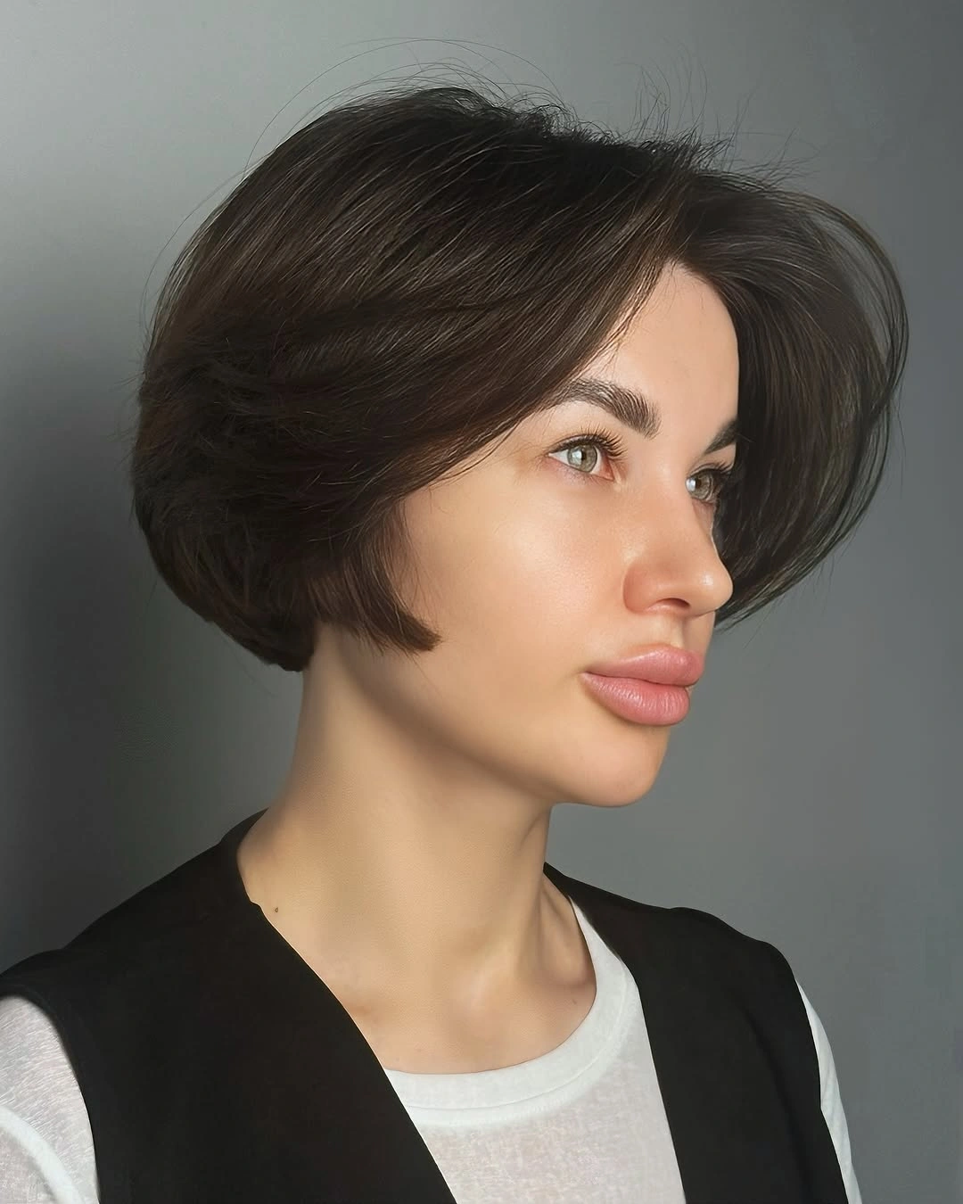 Dark short bixie shape with long side fringe