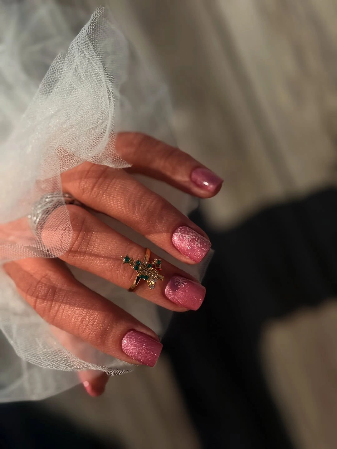 Medium dusty pink and mauve square nails with tonal shimmer