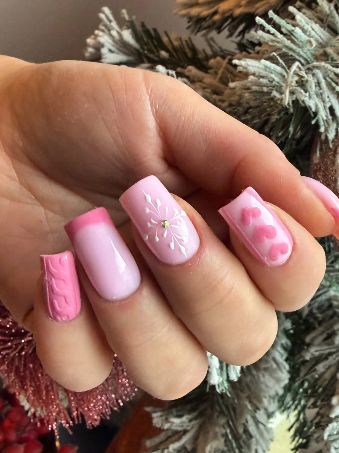 Long pink square nails with knit texture, hearts and white art