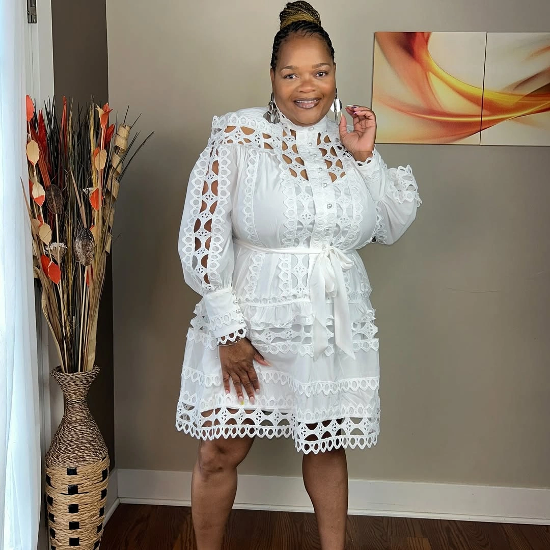 White openwork long sleeve dress with waist tie and scalloped edges