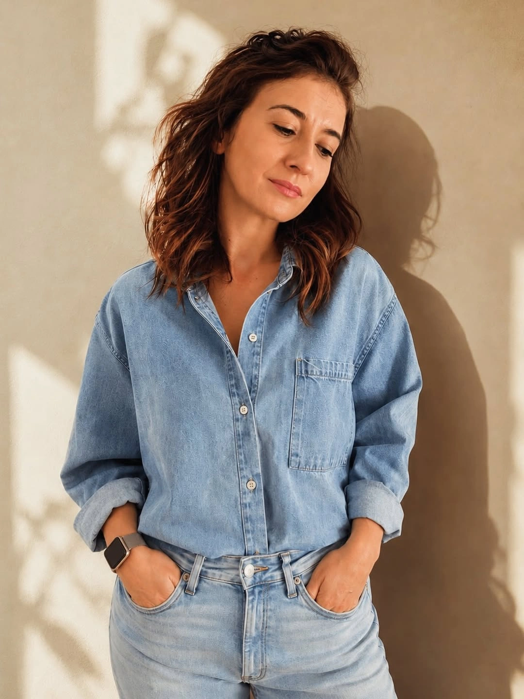 Light denim shirt tucked into light jeans with rolled sleeves
