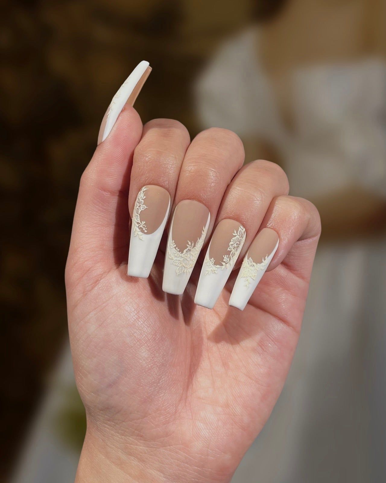 Nude Coffin Lace Appliqué French Tips — Lace Nails