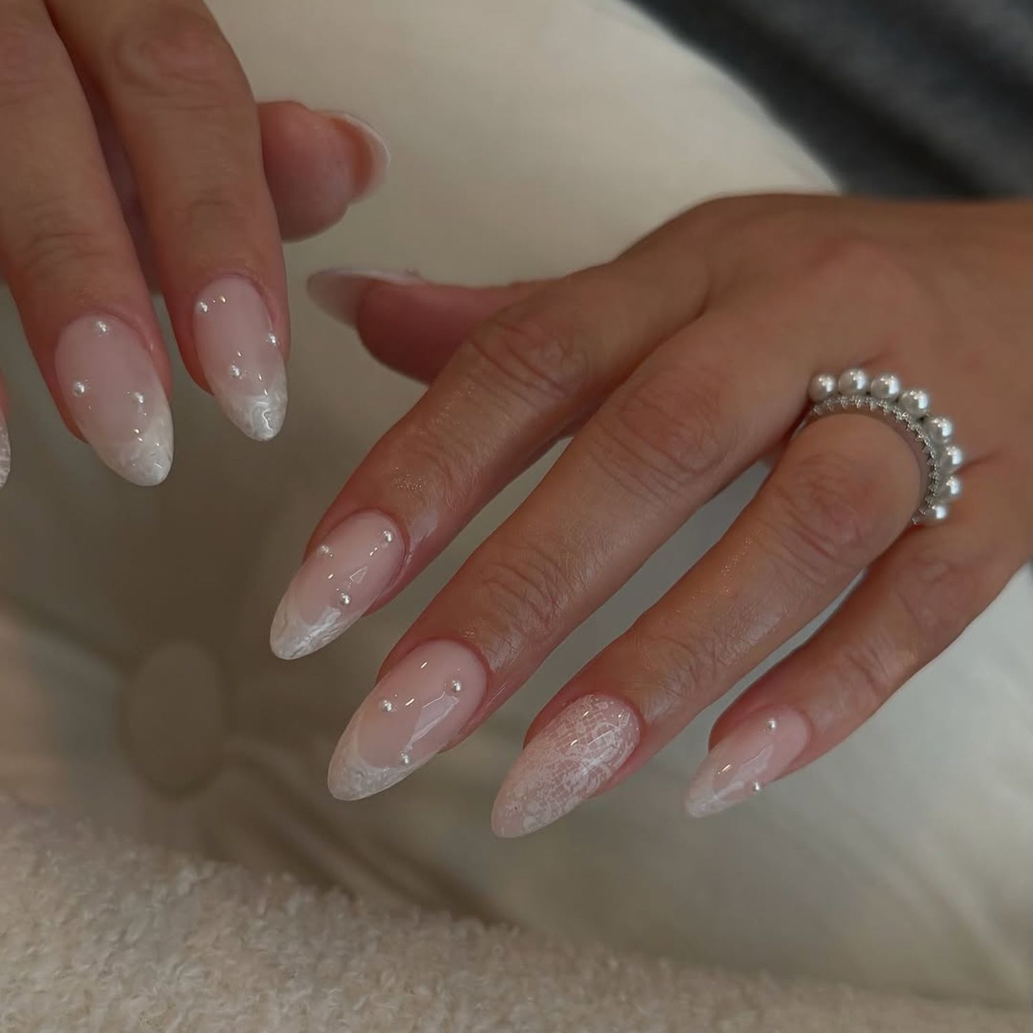 Pinkish Nude Lace and Pearl Ovals — Lace Nails