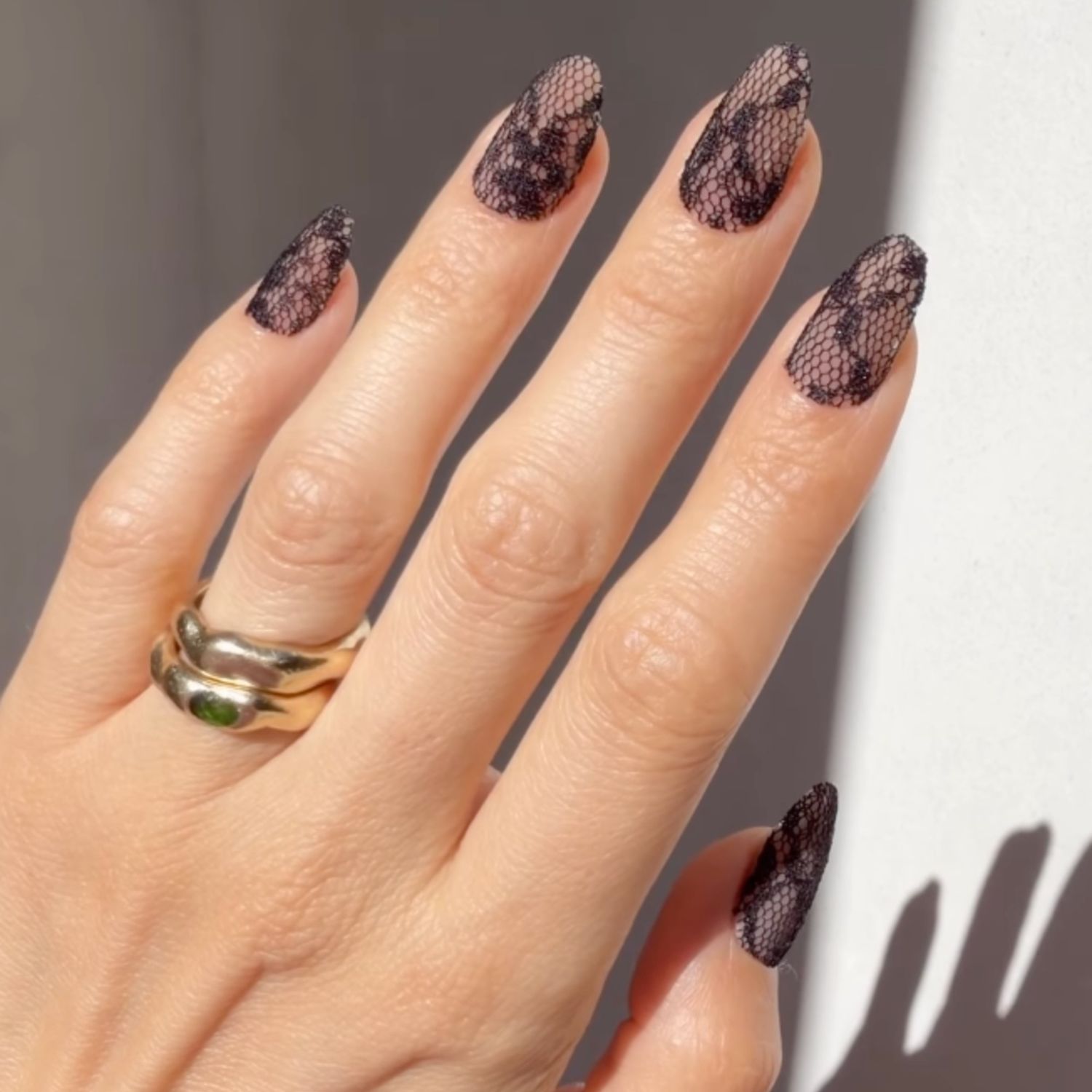 Matte Black Lace Medium Stilettos — Lace Nails