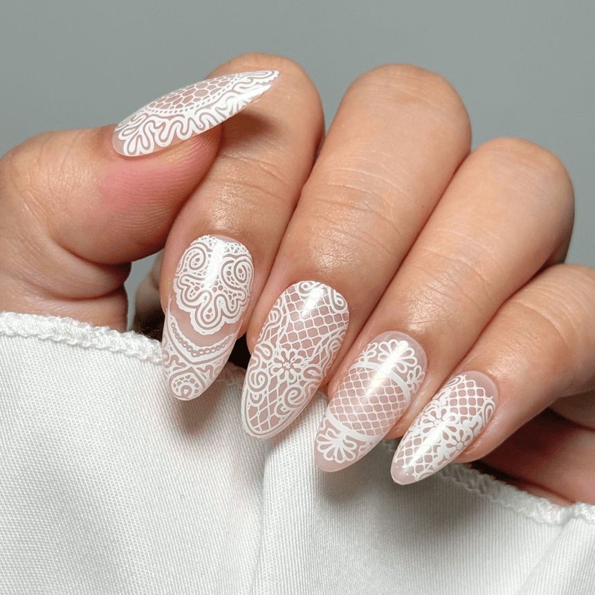 Intricate White Lace Almonds — Lace Nails